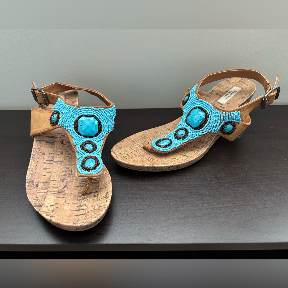 Simply Vera Tan and Blue Beaded wedge Sandals